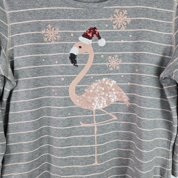 NWOT Christopher&Banks Christmas Sequin Flamingo 3/4 Sleeve Grey & Pink Stripe S - Picture 3 of 9